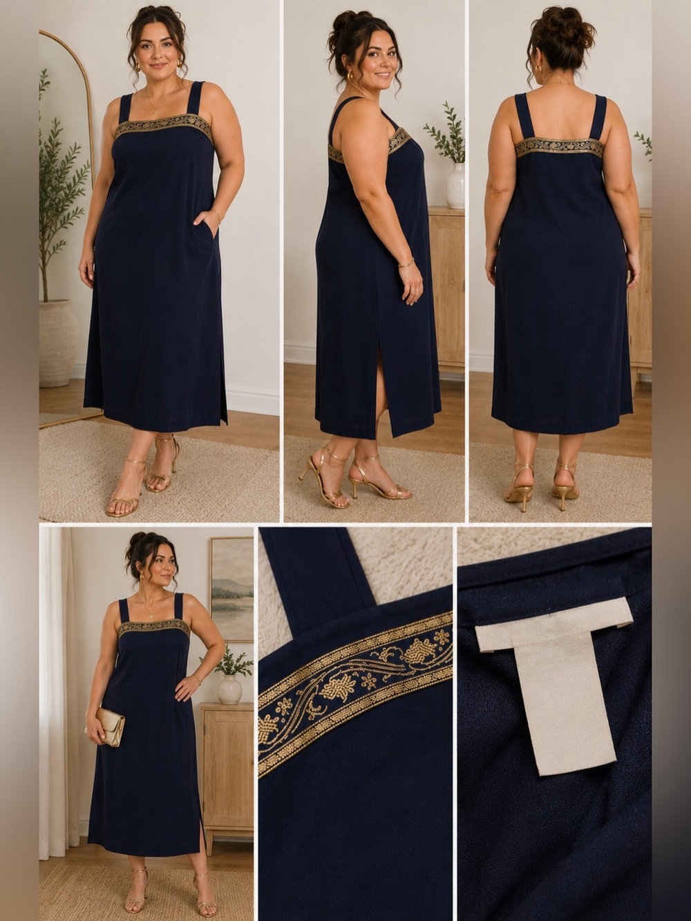 Vintage Y2K Dana Kay Navy Gold Trim Midi Shift Dress 14W